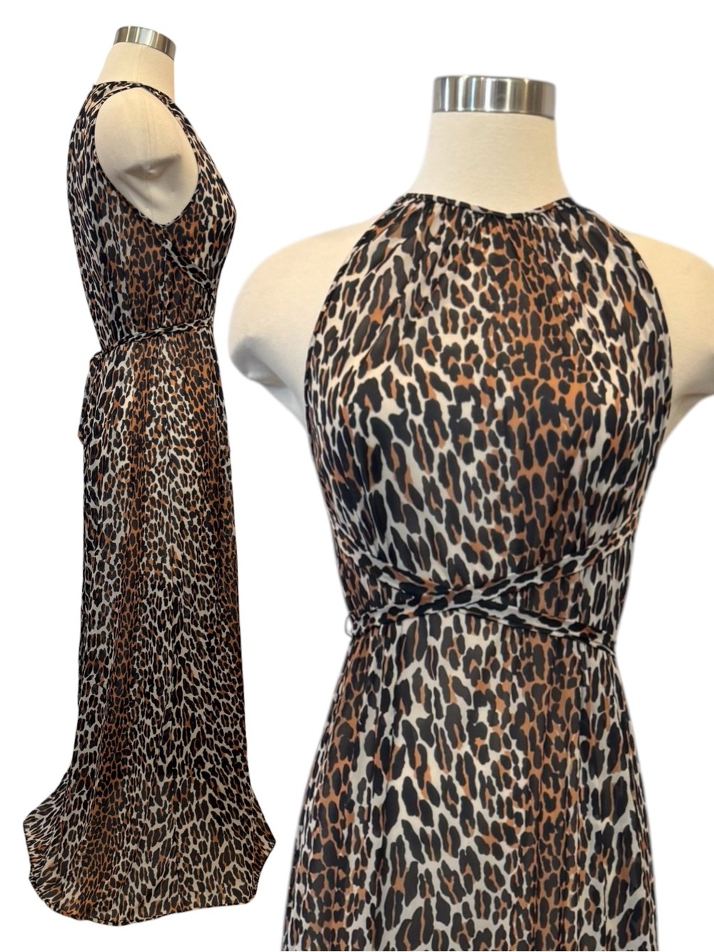 Vanity Fair 70s Silky Nylon Leopard Print Vintage Halter Maxi Gown Slip Dress